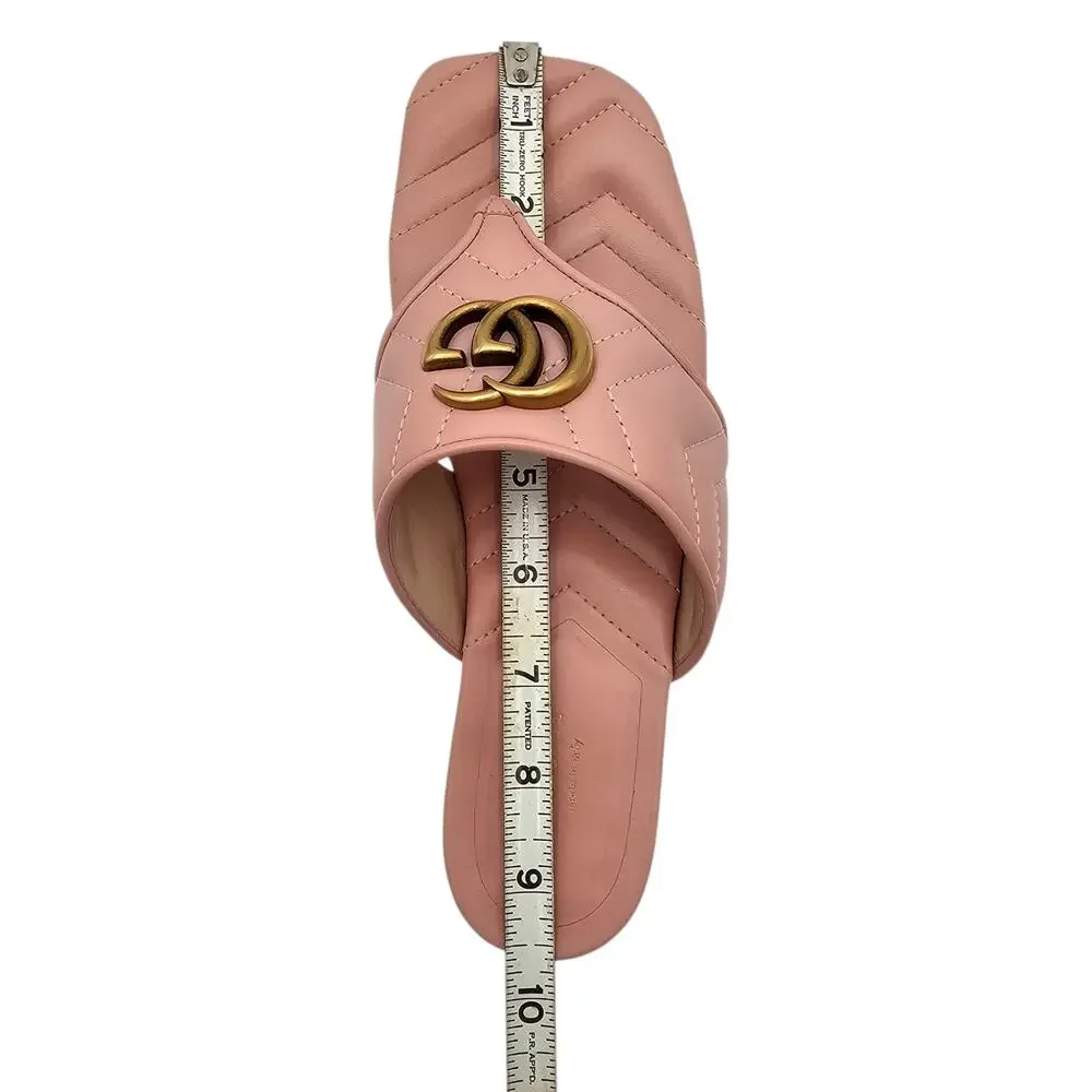 Gucci GG Marmont Flat Thong Sandal Pink Quilted Leather Gold Square Size 37 US 7